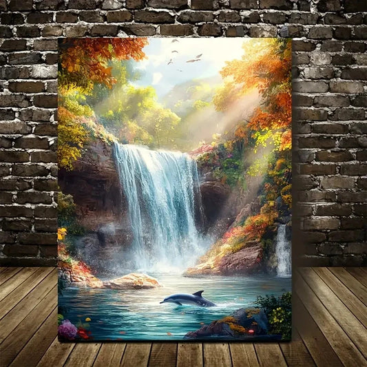 Fantasy Dolphin & Waterfall Scene with Sunbeams 40x60cm Metal Print Ready to Hang - Bella Home Decor