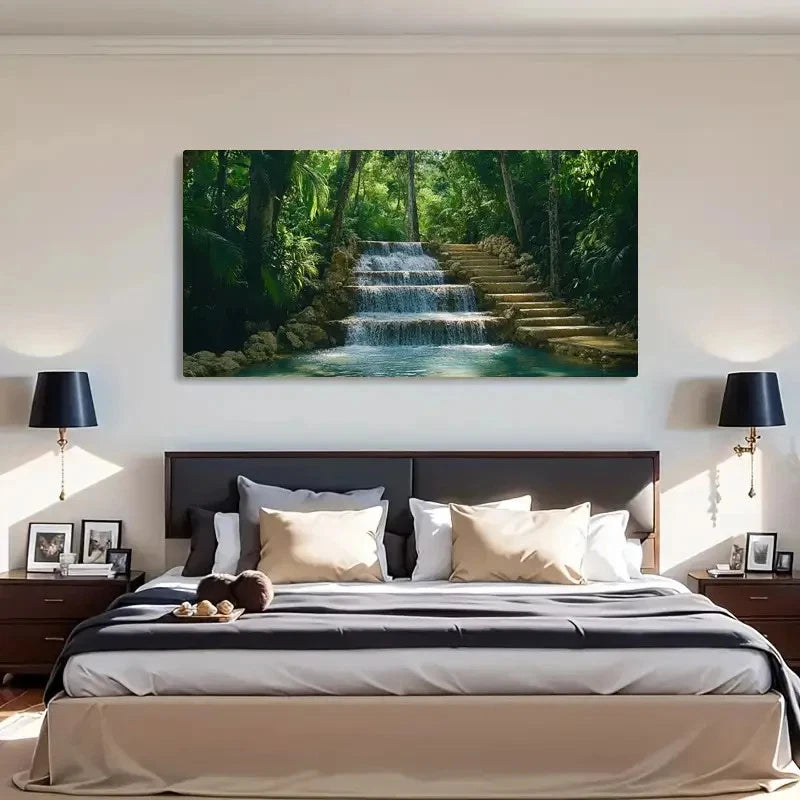 Green Forest & Waterfall Decor Wall Art Canvas Office Home Room Framed 120x60cm