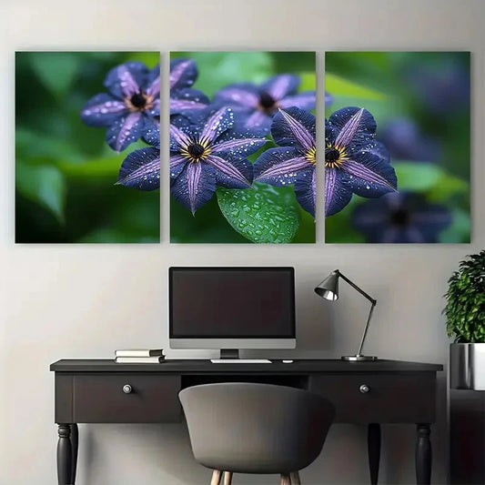 3pcs Natural Black Clematis Flower Botanical Metal Print Ready to Hang Art