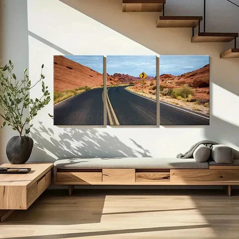 3pcs Road Landscape with Cacti & Rock Formations Wall Art Canvas Unframed - High Quality Print 100% Australian Made Wall Canvas