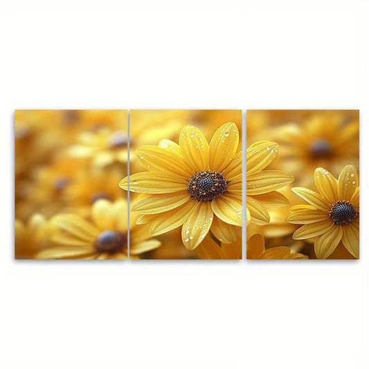 3pcs Vibrant Sunshine Golden Floral Metal Print Ready to Hang Art