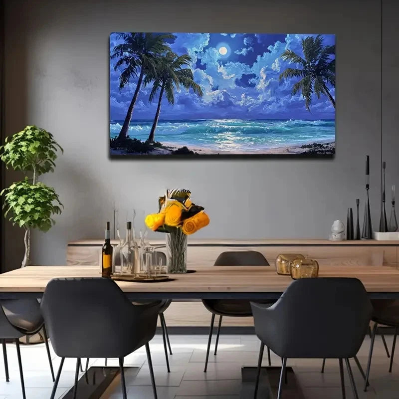 Beach Scene With Palm Trees Wall Art Canvas Office Home Room Framed 120x60cm
