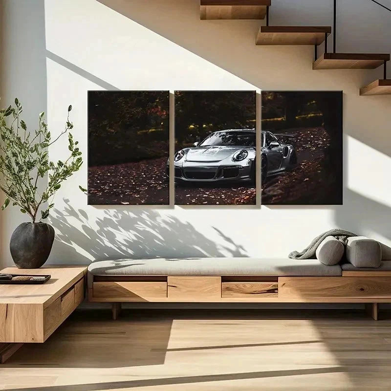 3pcs Porsche Super Car in a Forest Wall Art Set Canvas Framed 50x70cm - High Quality Print 100% Australian Made Wall Canvas Ready to Hang