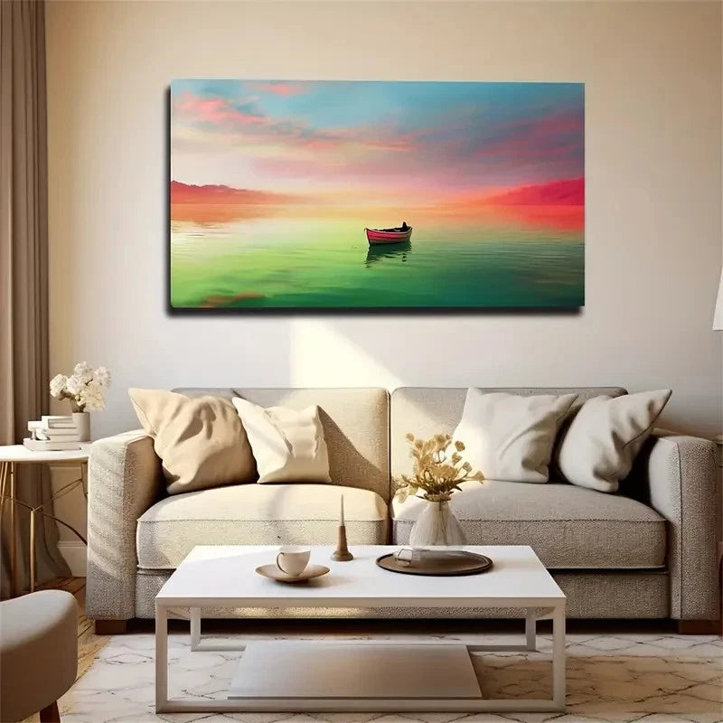 Lonely Boat Red Sky Wall Art Canvas Office Home Room Framed 120x60cm