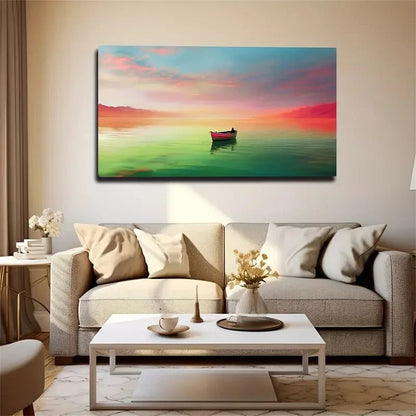 Lonely Boat Red Sky Wall Art Canvas Office Home Room Framed 120x60cm