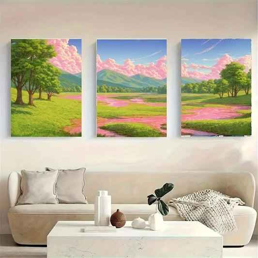 3pcs A Vibrant Landscape with a River Modern Metal Print Ready to Hang Art