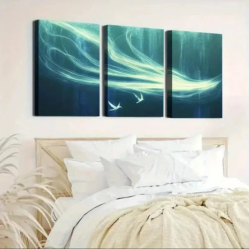 3pcs Blue & Green Swirling Designs with Seagulls Wall Art Set Canvas Unframed - High Quality Print 100% Australian Made Wall Canvas