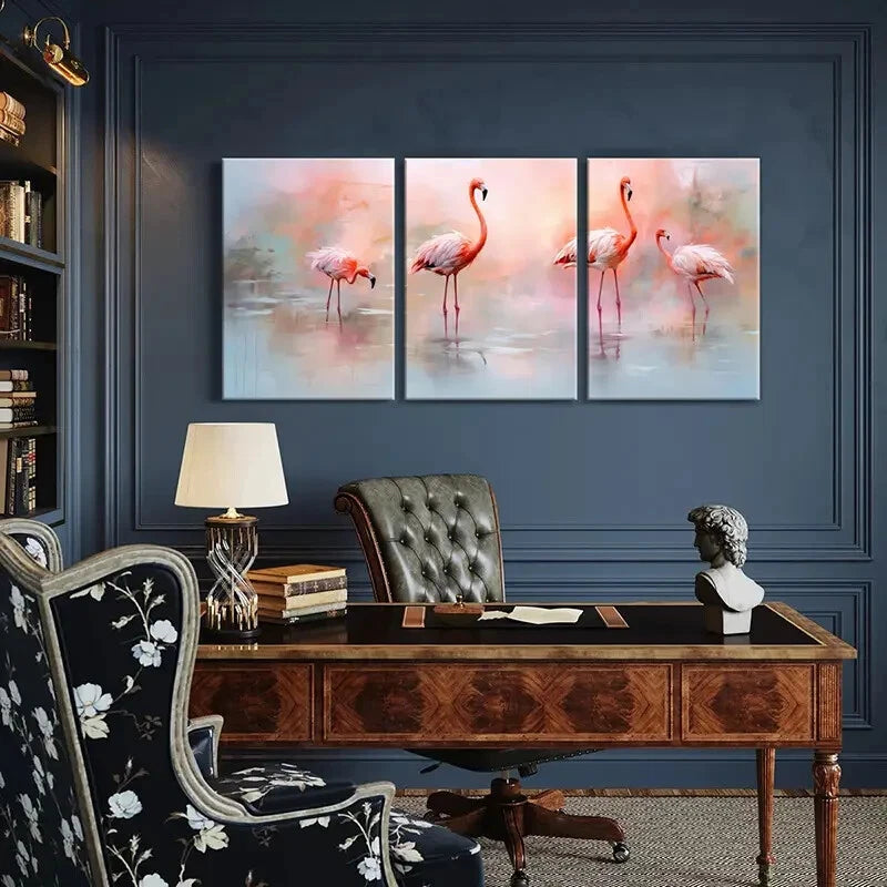 3pcs Pink Flamingo Abstract Animal Art Soft Colors Metal Print Ready to Hang Art - Bella Home Decor