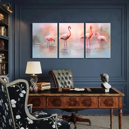 3pcs Pink Flamingo Abstract Animal Art Soft Colors Metal Print Ready to Hang Art - Bella Home Decor