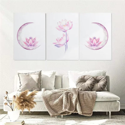 3pcs Lotus Flower Boho Moon Watercolor Painting Wall Art Set Canvas Framed 40x60cm - High Quality Print 100% Australian Made Wall Canvas Ready to Hang