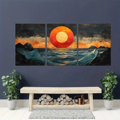 3pcs Abstract Ocean Vibrant Sunset & Wave Design Metal Print Ready to Hang Art - Bella Home Decor