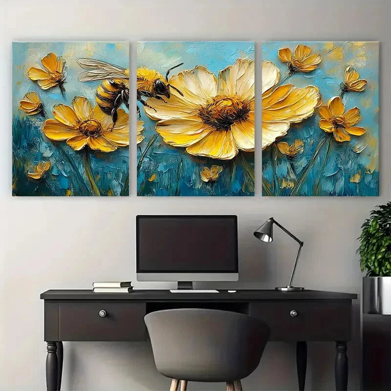 3pcs Daisy Honeybee Flowers with Blue Background Metal Print Ready to Hang Art - Bella Home Decor