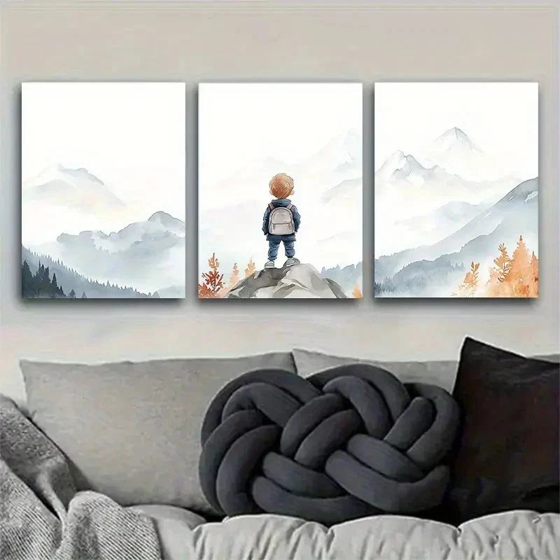 3pcs Boys' Mountain and Watercolor Scenery Metal Print Ready to Hang Art - Bella Home Decor