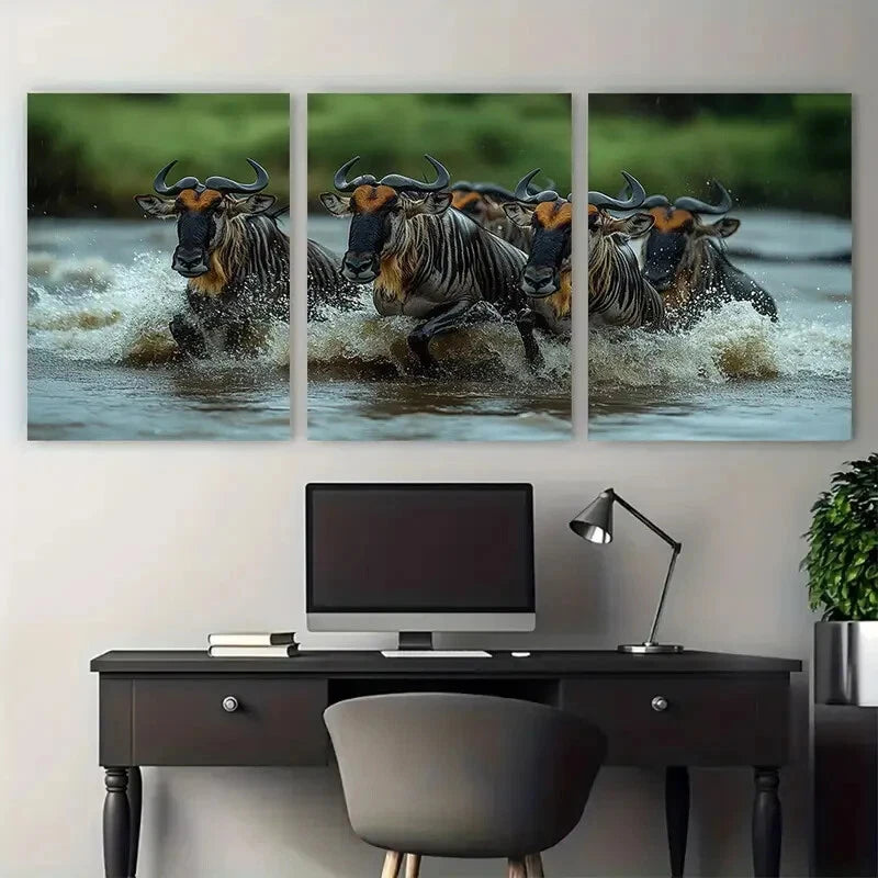 3pcs Wildebeest Migration Mara River Crossing Metal Print Ready to Hang Art - Bella Home Decor