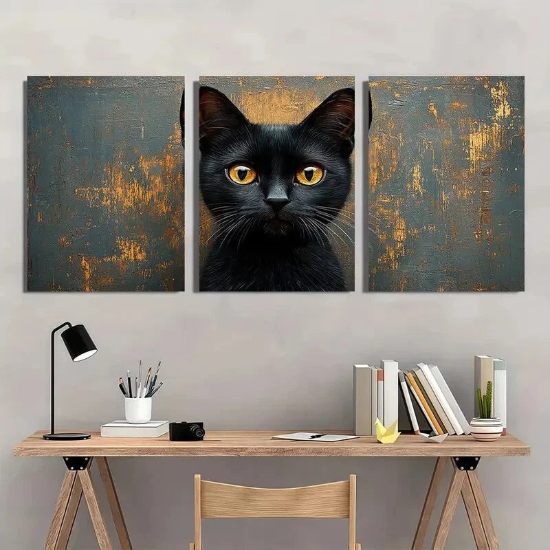 3pcs Black Cat Golden & Teal Animal Metal Print Ready to Hang Art - Bella Home Decor