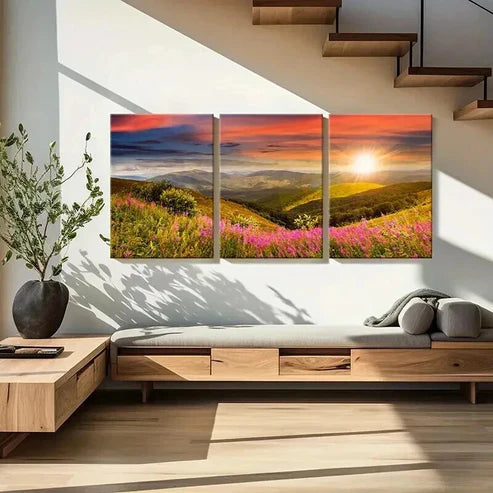 3pcs Mountain Wildflowers and Sunset Wall Art Canvas Unframed - High Quality Print 100% Australian Made Wall Canvas