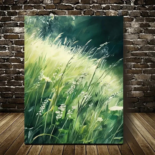 Green Mint Grass Meadow Painting 40x60cm Metal Print Ready to Hang - Bella Home Decor