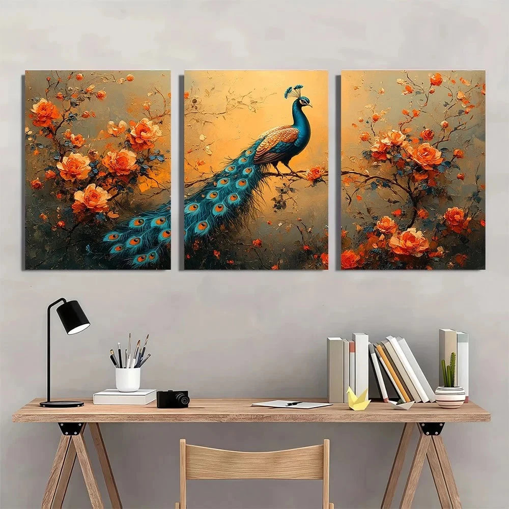 3pcs Vintage Renaissance Peacock Wall Art Set Canvas Framed 50x70cm - High Quality Print 100% Australian Made Wall Canvas Ready to Hang - Bella Home Decor