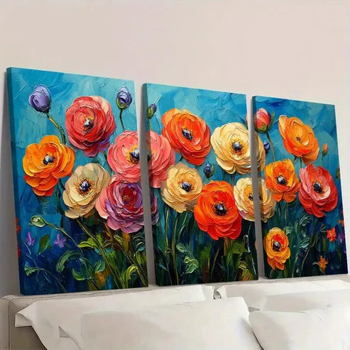 3pcs Ranunculus Floral Oil Painting WQ Wall Art Set Canvas Unframed - High Quality Print 100% Australian Made Wall Canvas - Bella Home Decor