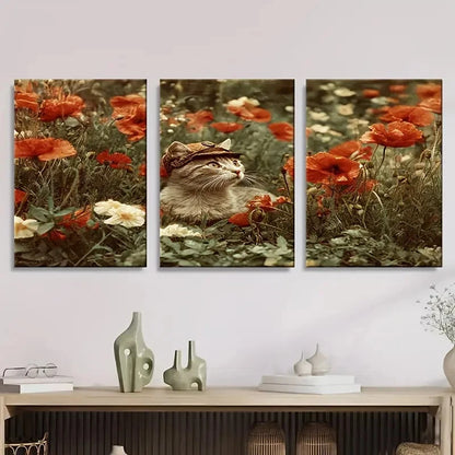 3pcs Cat in Poppy Field, Kitten, Cute Wall Art Set Canvas Framed 50x70cm - High Quality Print 100% Australian Made Wall Canvas Ready to Hang - Bella Home Decor