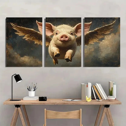 3pcs Vintage Flying Pig with Wings Metal Print Ready to Hang Art - Bella Home Decor