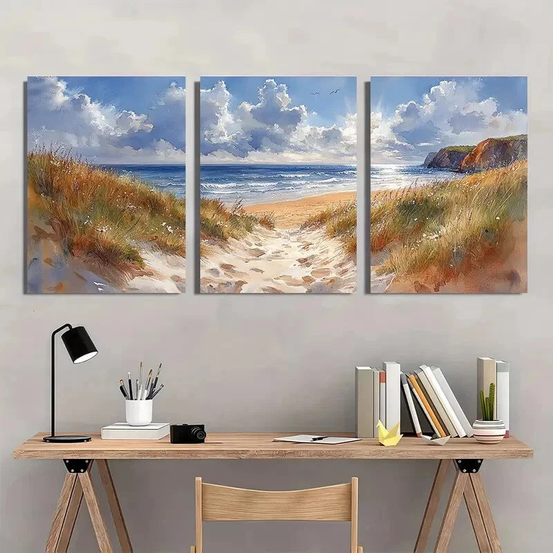 3pcs Coastal Seascape Scene Watercolor Art Metal Print Ready to Hang Art - Bella Home Decor