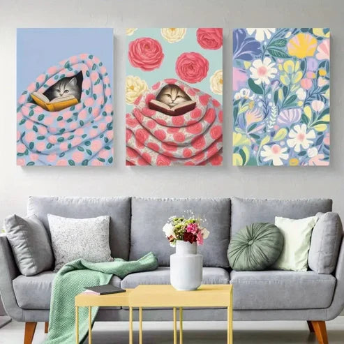 3pcs Whimsical Cat & Floral Wall Art Canvas Unframed - High Quality Print 100% Australian Made Wall Canvas
