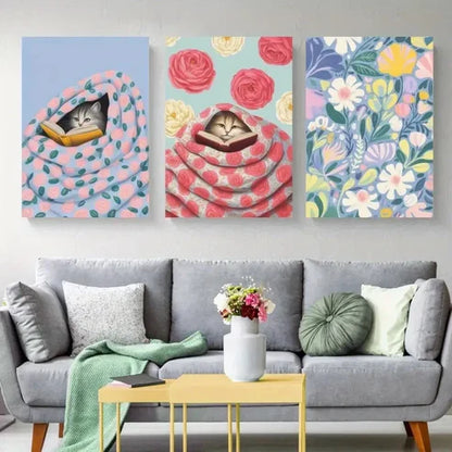3pcs Whimsical Cat & Floral Wall Art Canvas Unframed - High Quality Print 100% Australian Made Wall Canvas