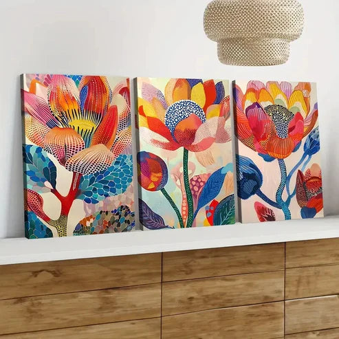 3pcs Colorful Blooming Flowers Botanical Red Wall Art Set Canvas Unframed - High Quality Print 100% Australian Made Wall Canvas