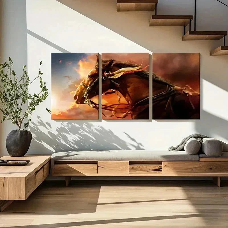 3pcs Vibrant Brown Horse Decoration Wall Art Set Canvas Framed 50x70cm - High Quality Print 100% Australian Made Wall Canvas Ready to Hang