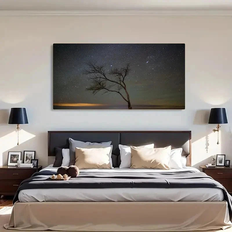 Serene Night Sky & Lone Tree Wall Art Canvas Office Home Room Framed 120x60cm - Bella Home Decor