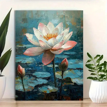 Beautiful Serene Blue & Pink Water Lily Painting 40x60cm Metal Print Ready to Hang - Bella Home Decor