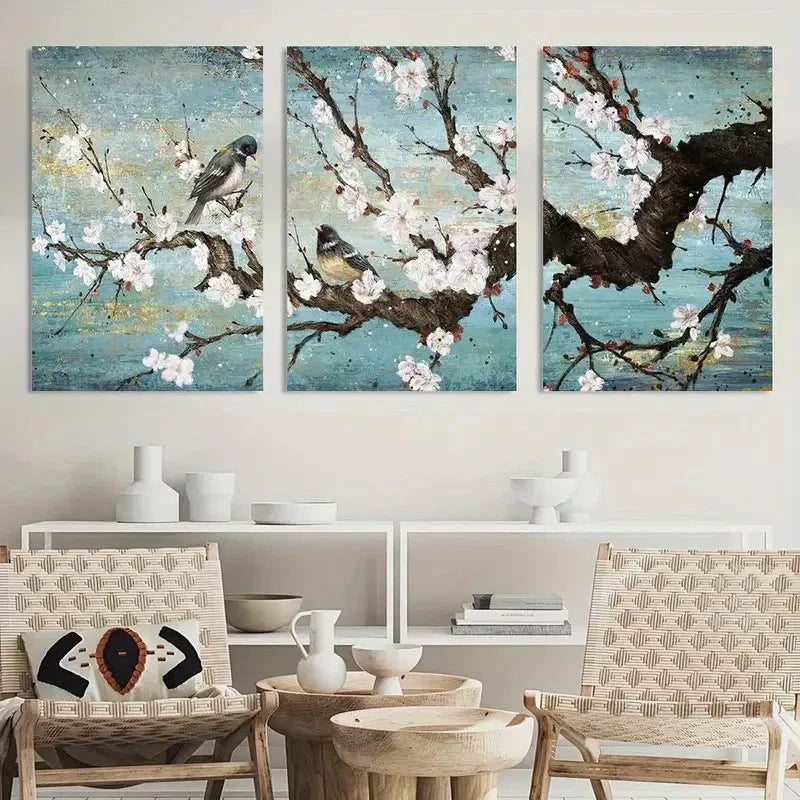 3pcs Traditional Painting Plum Blossom & Birds Metal Print Ready to Hang Art - Bella Home Decor