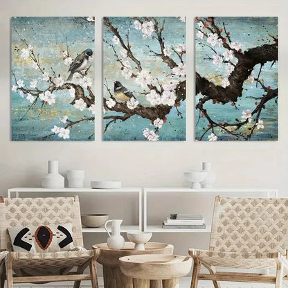 3pcs Traditional Painting Plum Blossom & Birds Metal Print Ready to Hang Art - Bella Home Decor