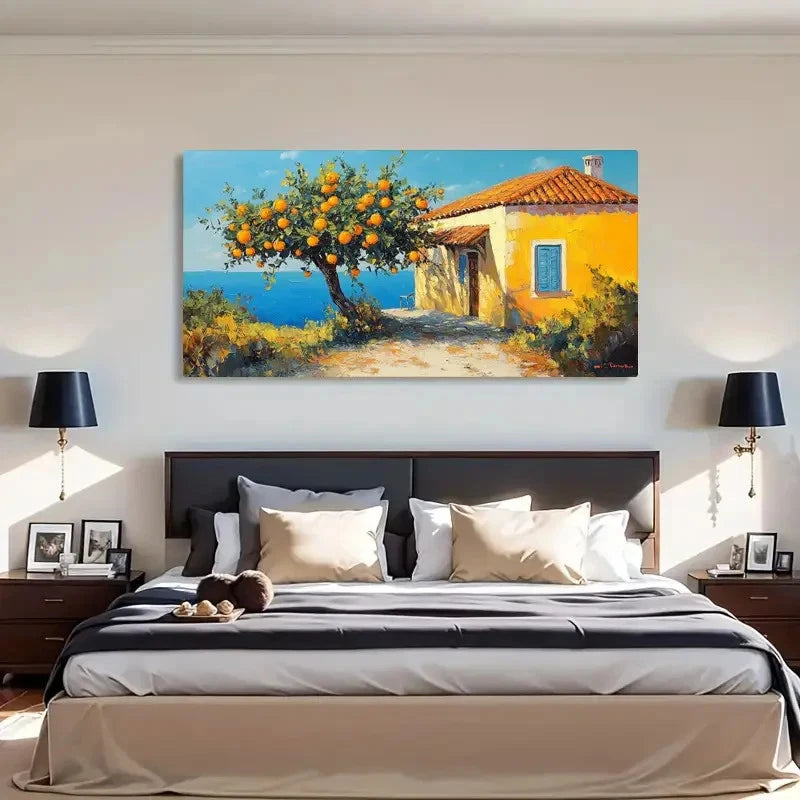Orange Tree Yellow House Wall Art Canvas Office Home Room Framed 120x60cm