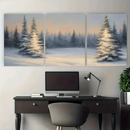 3pcs Snowy Pine Trees and Moonlit Night Scene Metal Print Ready to Hang Art