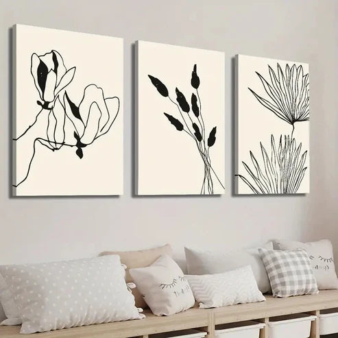 3pcs Abstract Beige and Black Botanical Floral Wall Art Set Canvas Unframed - High Quality Print 100% Australian Made Wall Canvas