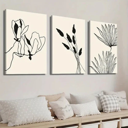 3pcs Abstract Beige and Black Botanical Floral Wall Art Set Canvas Unframed - High Quality Print 100% Australian Made Wall Canvas