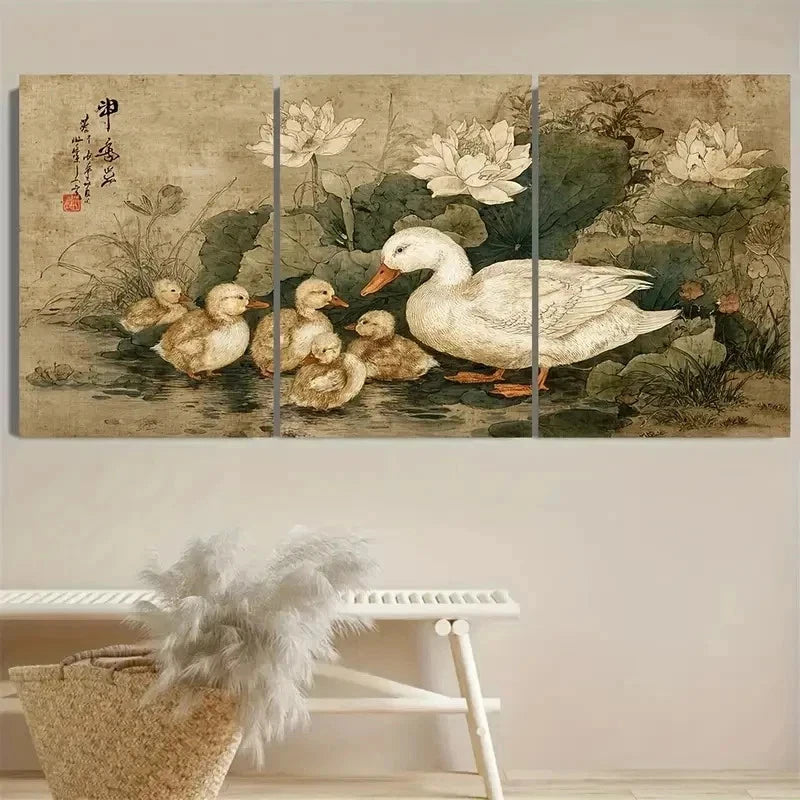 3pcs Vintage Japanese Duck and Ducklings Wall Art Set Canvas Framed 50x70cm - High Quality Print 100% Australian Made Wall Canvas Ready to Hang - Bella Home Decor
