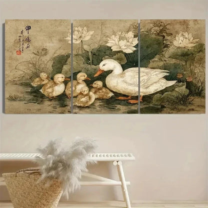 3pcs Vintage Japanese Duck and Ducklings Wall Art Set Canvas Framed 50x70cm - High Quality Print 100% Australian Made Wall Canvas Ready to Hang - Bella Home Decor