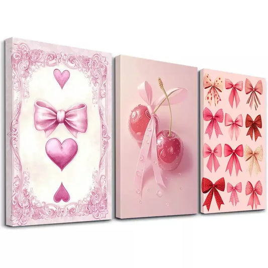 3pcs Classic Retro Minimalist Bow and Cherry wall Art Set Canvas Framed 50x70cm - High Quality Print 100% Australian Made Wall Canvas Ready to Hang