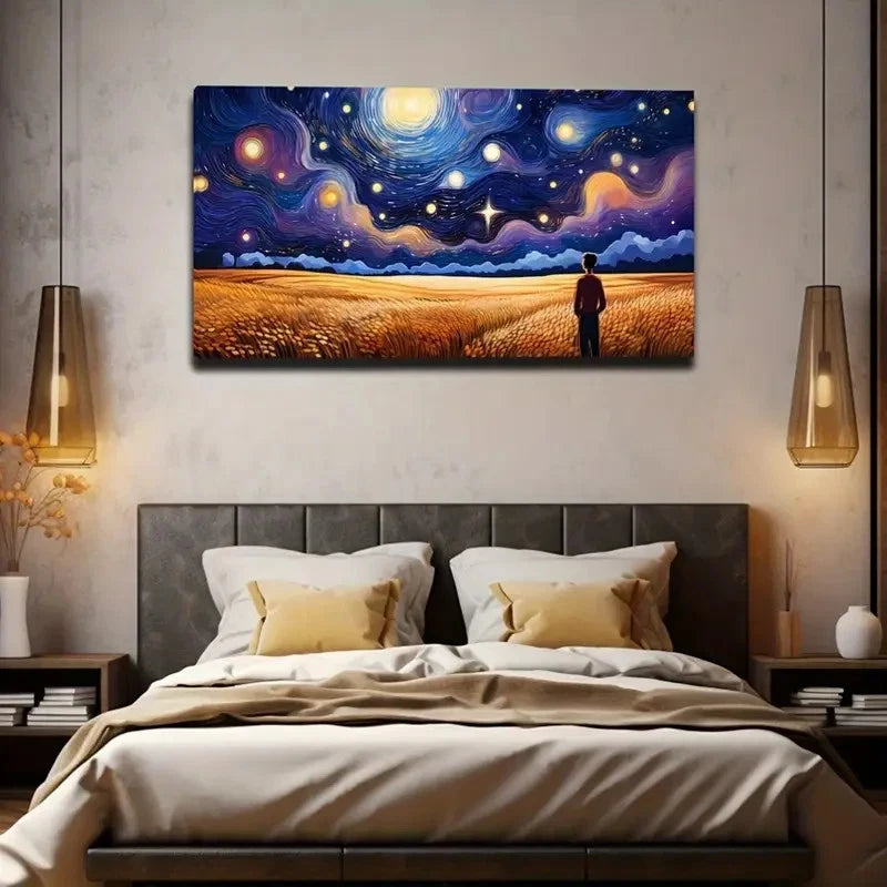 Dreamy Starry Night With Golden Wall Art Canvas Office Home Room Framed 120x60cm