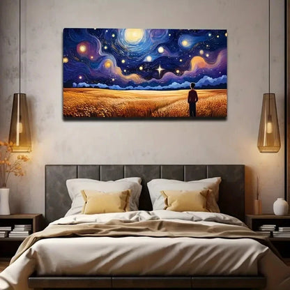 Dreamy Starry Night With Golden Wall Art Canvas Office Home Room Framed 120x60cm