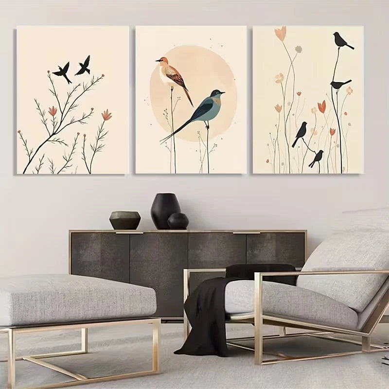 3pcs Three Minimalist Boho Birds Art Panels  Wall Art Set Canvas Framed 40x60cm - High Quality Print 100% Australian Made Wall Canvas Ready to Hang