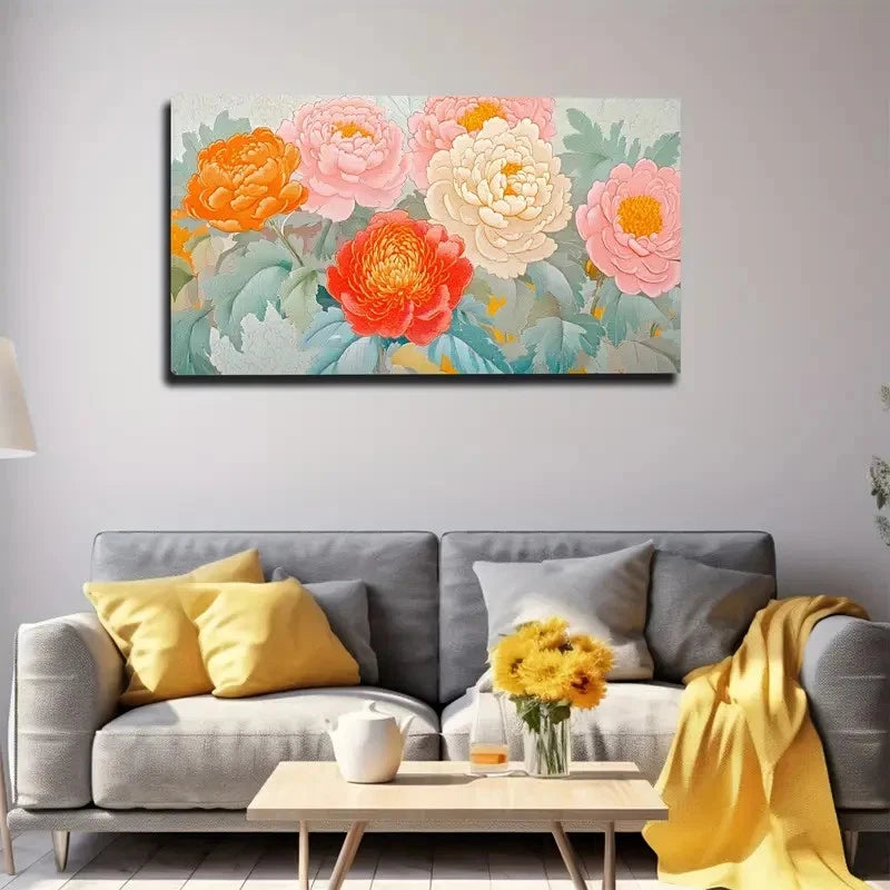 Floral painting above a gray sofa with yellow and gray cushions in a living room.