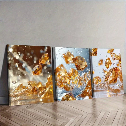 3pcs Yellow Diamonds Crystals Wall Art Set Canvas Framed 40x60cm - High Quality Print 100% Australian Made Wall Canvas Ready to Hang