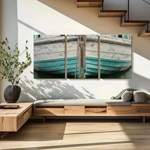 3pcs Vintage Weathered Wooden Boat Wall Art Canvas Unframed - High Quality Print 100% Australian Made Wall Canvas