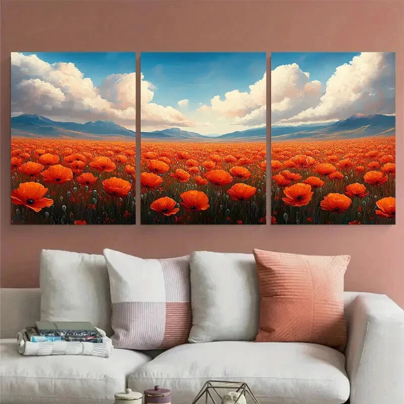 3pcs Blooming Poppy Field Illustration Metal Print Ready to Hang Art - Bella Home Decor