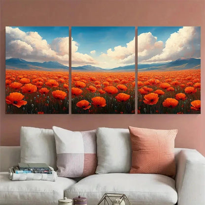3pcs Blooming Poppy Field Illustration Metal Print Ready to Hang Art - Bella Home Decor