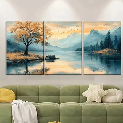3pcs Featuring Serene Lake Mountains & Trees Metal Print Ready to Hang Art